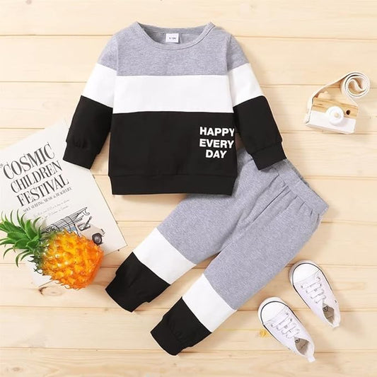 Grey & Black Panel Happy Everyday Printed Kids Winter Suit (Each)