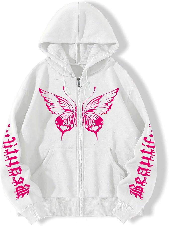 Pink Butterfly Printed Zipper Hoodie