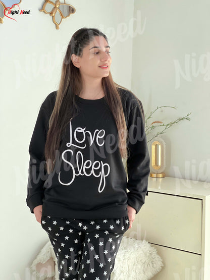 Winter Black Love Sleep Printed Night Suit