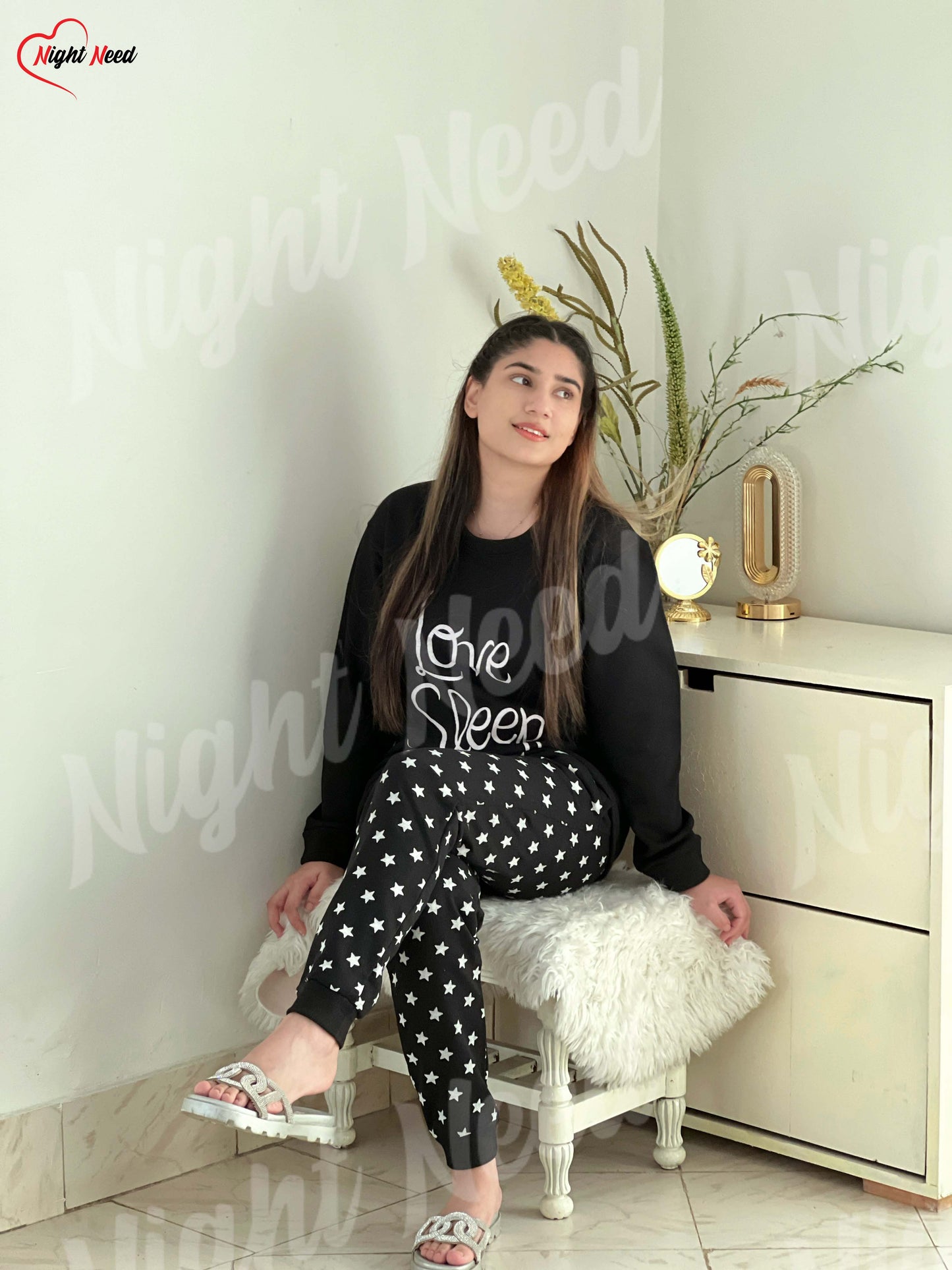 Winter Black Love Sleep Printed Night Suit