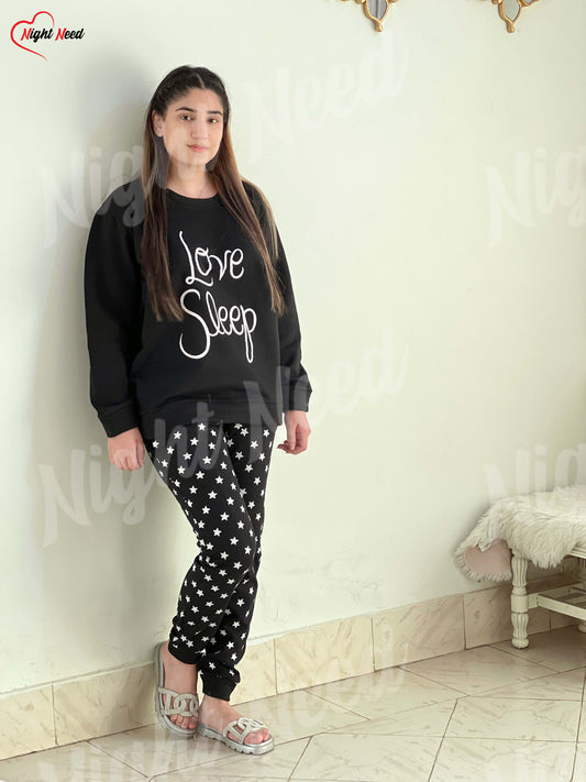 Winter Black Love Sleep Printed Night Suit