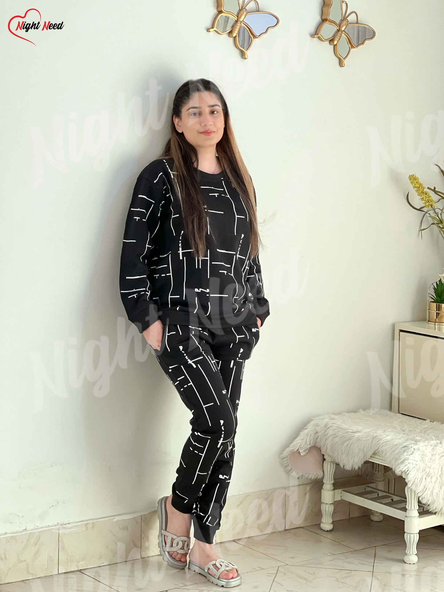 Winter Black Capri Printed Night Suit
