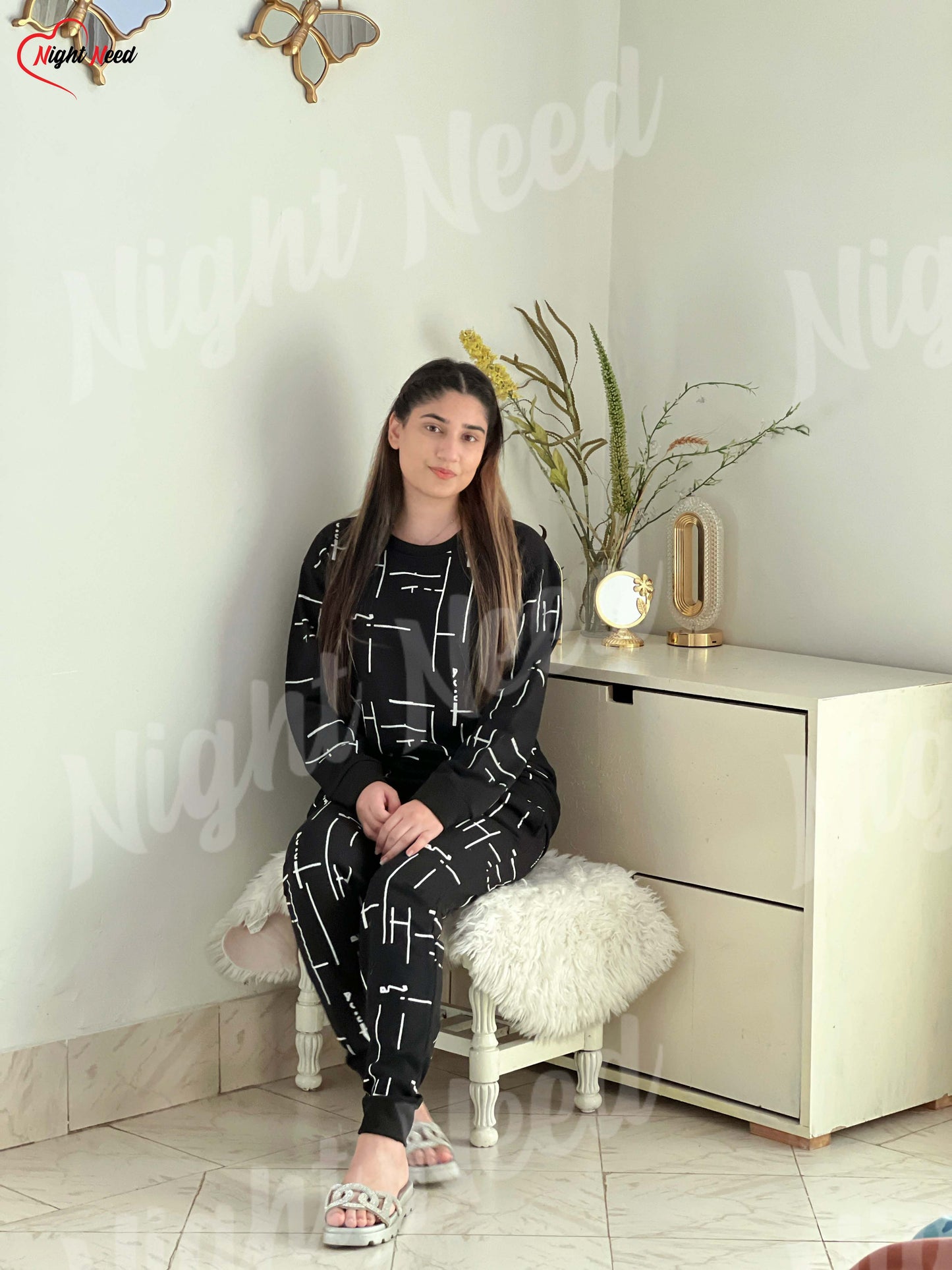 Winter Black Capri Printed Night Suit