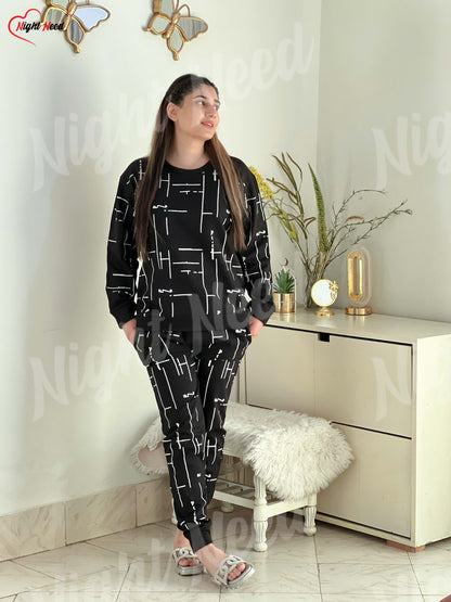 Winter Black Capri Printed Night Suit