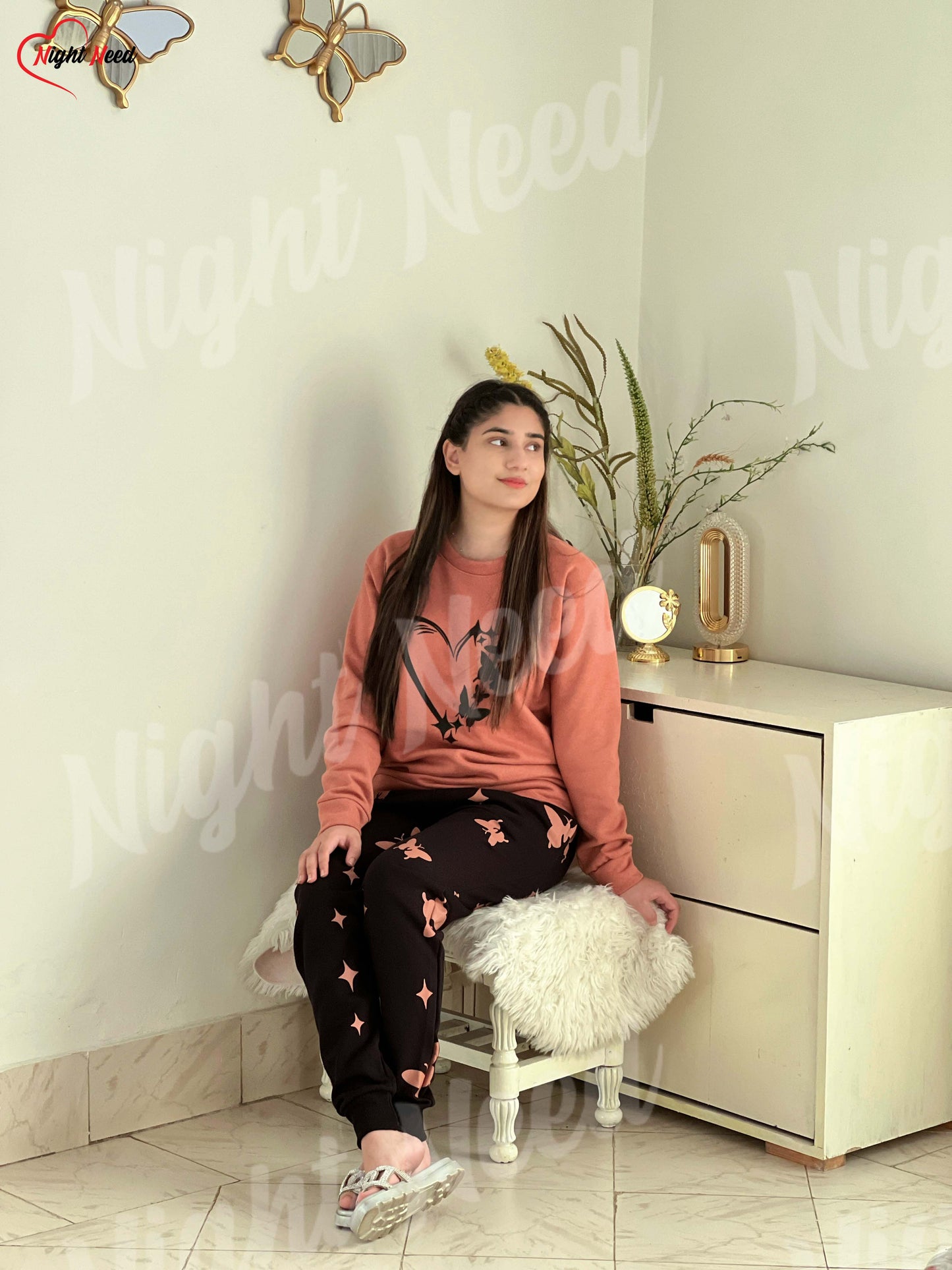 Winter Heart and Butterfly Printed Night Suit