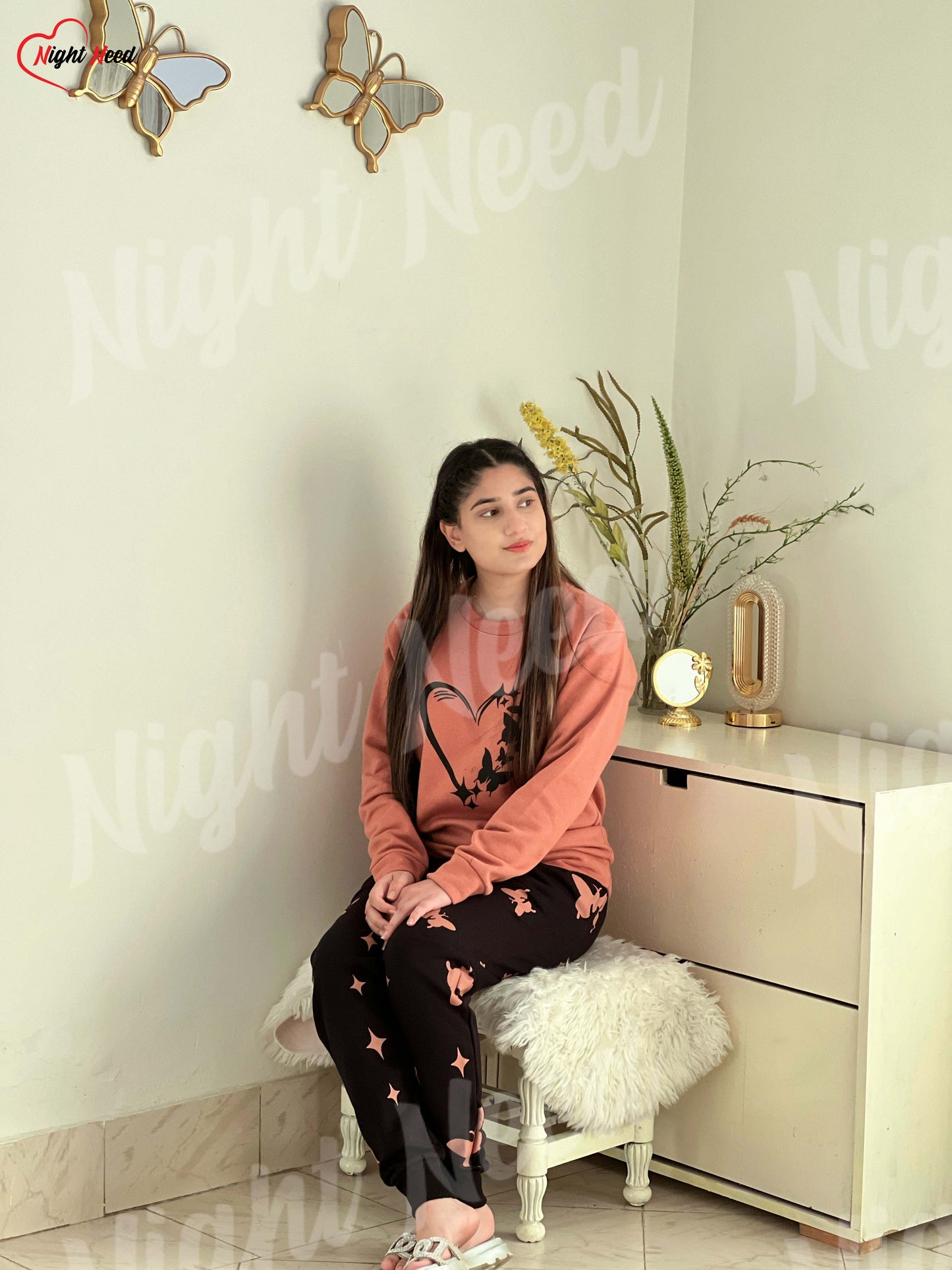 Winter Heart and Butterfly Printed Night Suit