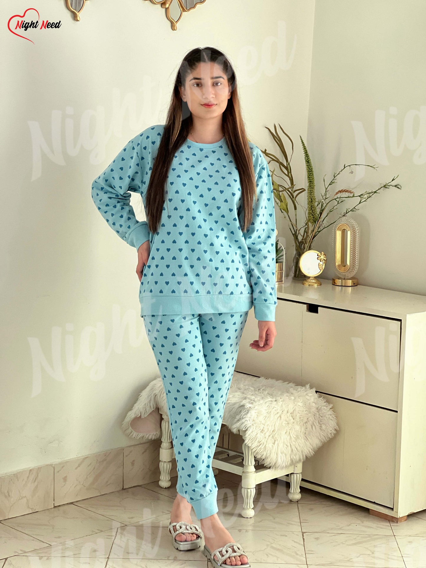 Winter Blue Heart Printed Night Suit