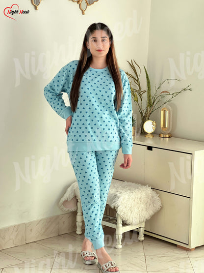 Winter Blue Heart Printed Night Suit