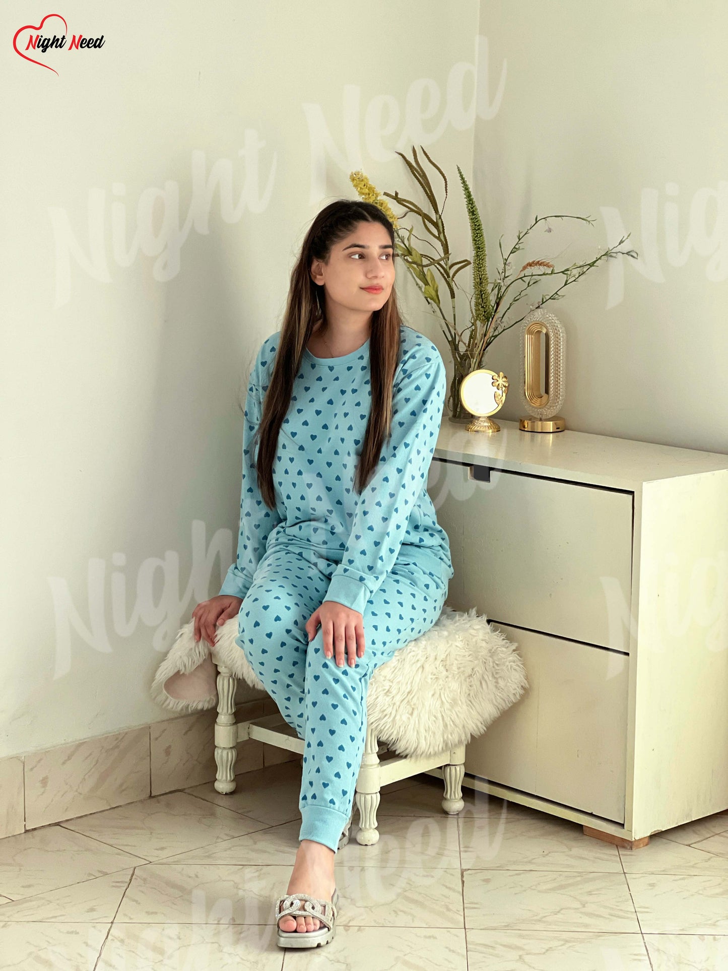 Winter Blue Heart Printed Night Suit
