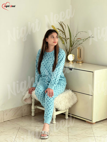 Winter Blue Heart Printed Night Suit