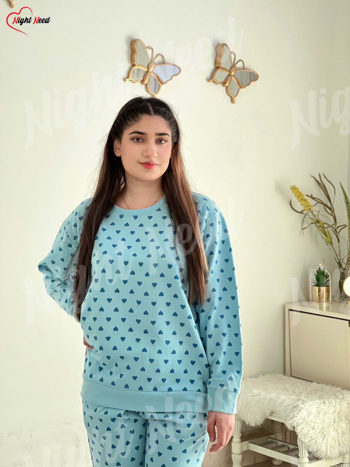 Winter Blue Heart Printed Night Suit