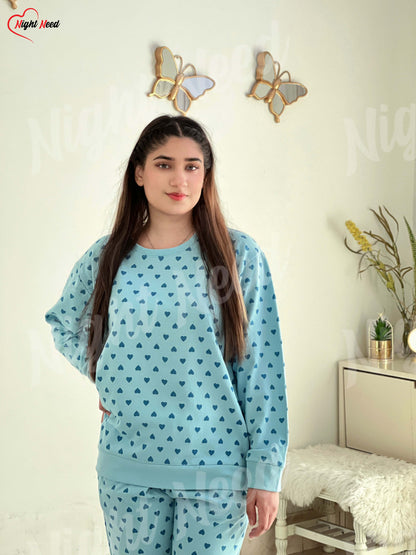 Winter Blue Heart Printed Night Suit