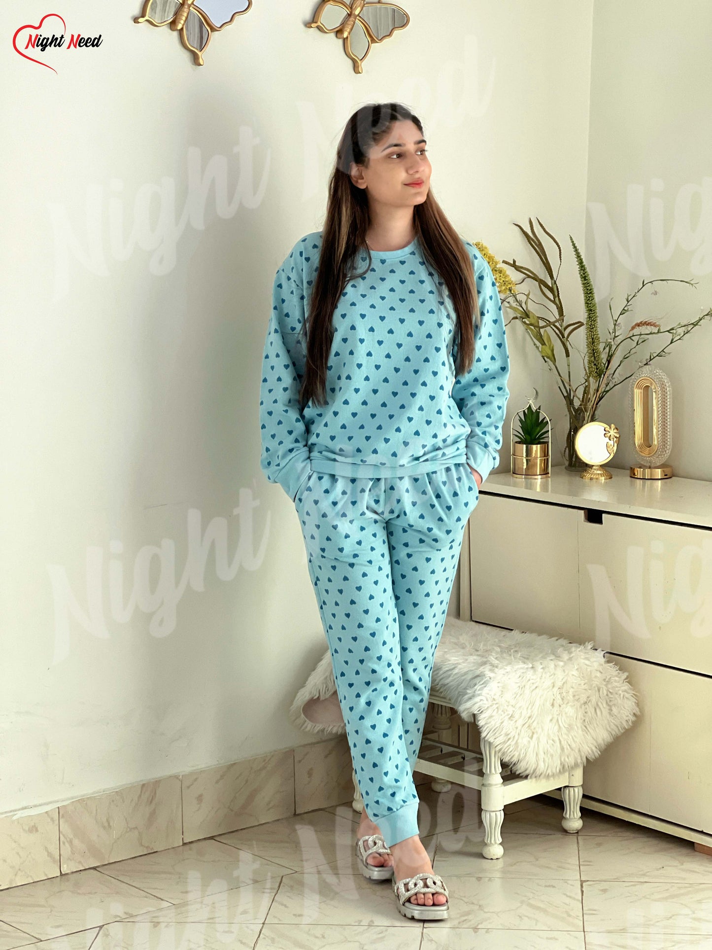Winter Blue Heart Printed Night Suit