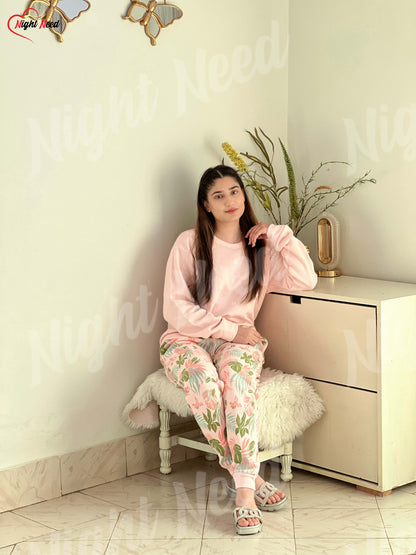 Winter Peach Pajama Printed Night Suit