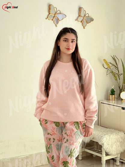 Winter Peach Pajama Printed Night Suit