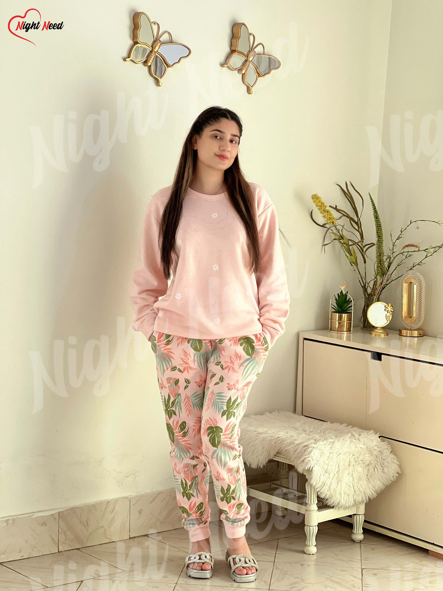 Winter Peach Pajama Printed Night Suit