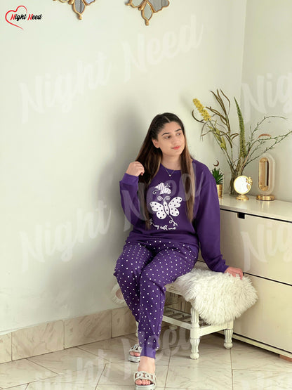 Winter Purple Butterfly Printed Night Suit