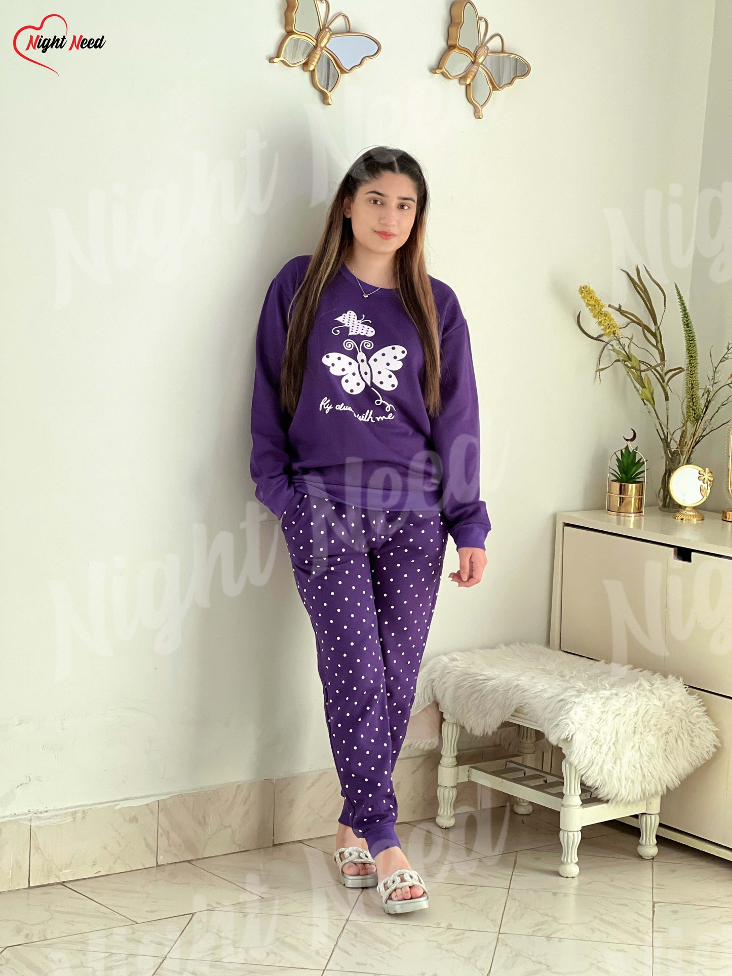 Winter Purple Butterfly Printed Night Suit