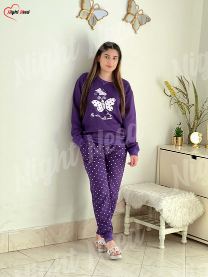 Winter Purple Butterfly Printed Night Suit