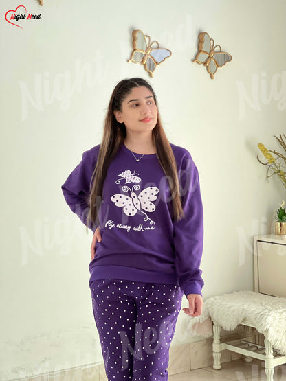 Winter Purple Butterfly Printed Night Suit