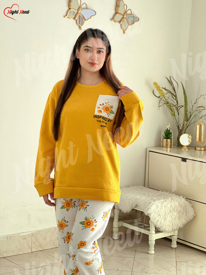 Winter Yellow Pocket Printed Night Suit
