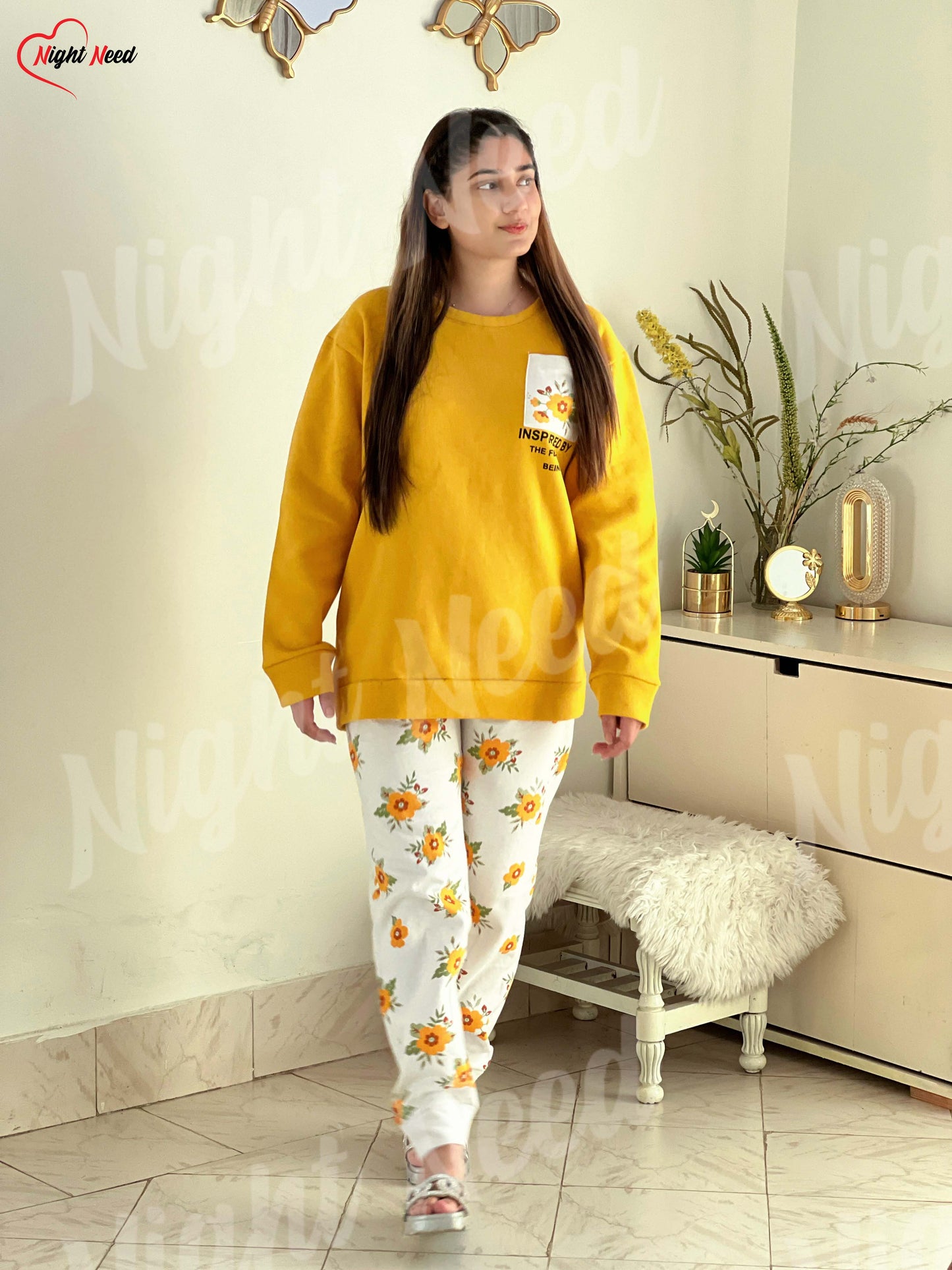 Winter Yellow Pocket Printed Night Suit