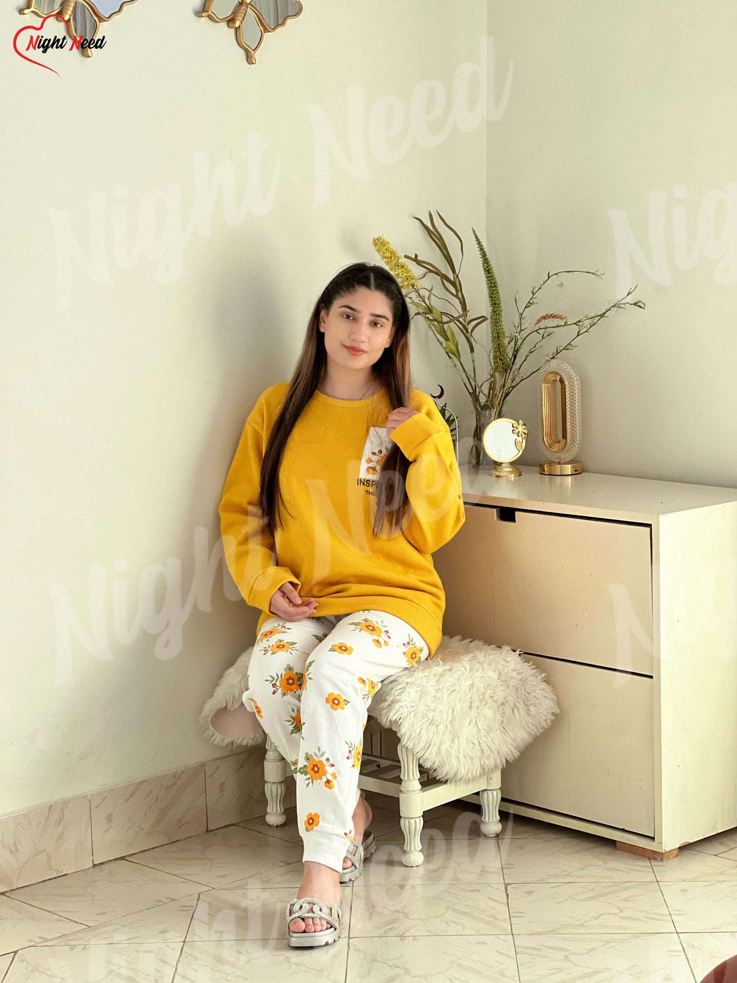 Winter Yellow Pocket Printed Night Suit