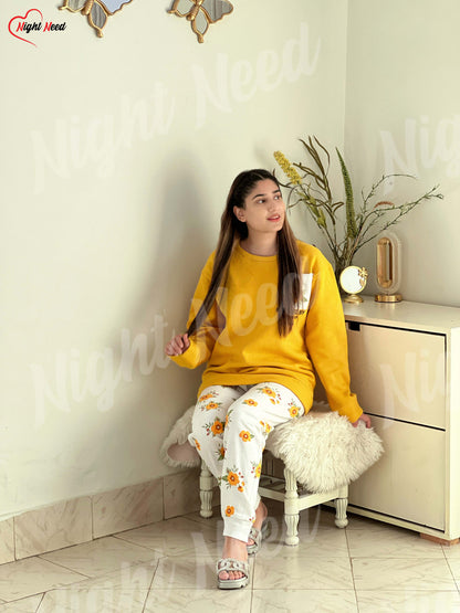 Winter Yellow Pocket Printed Night Suit