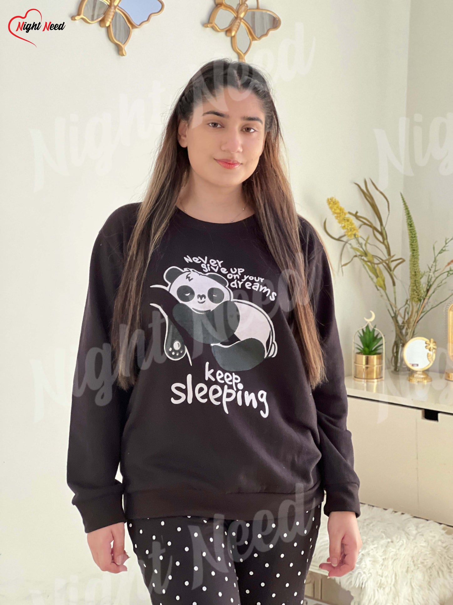 Winter Black Never Give Up Printed Night Suit