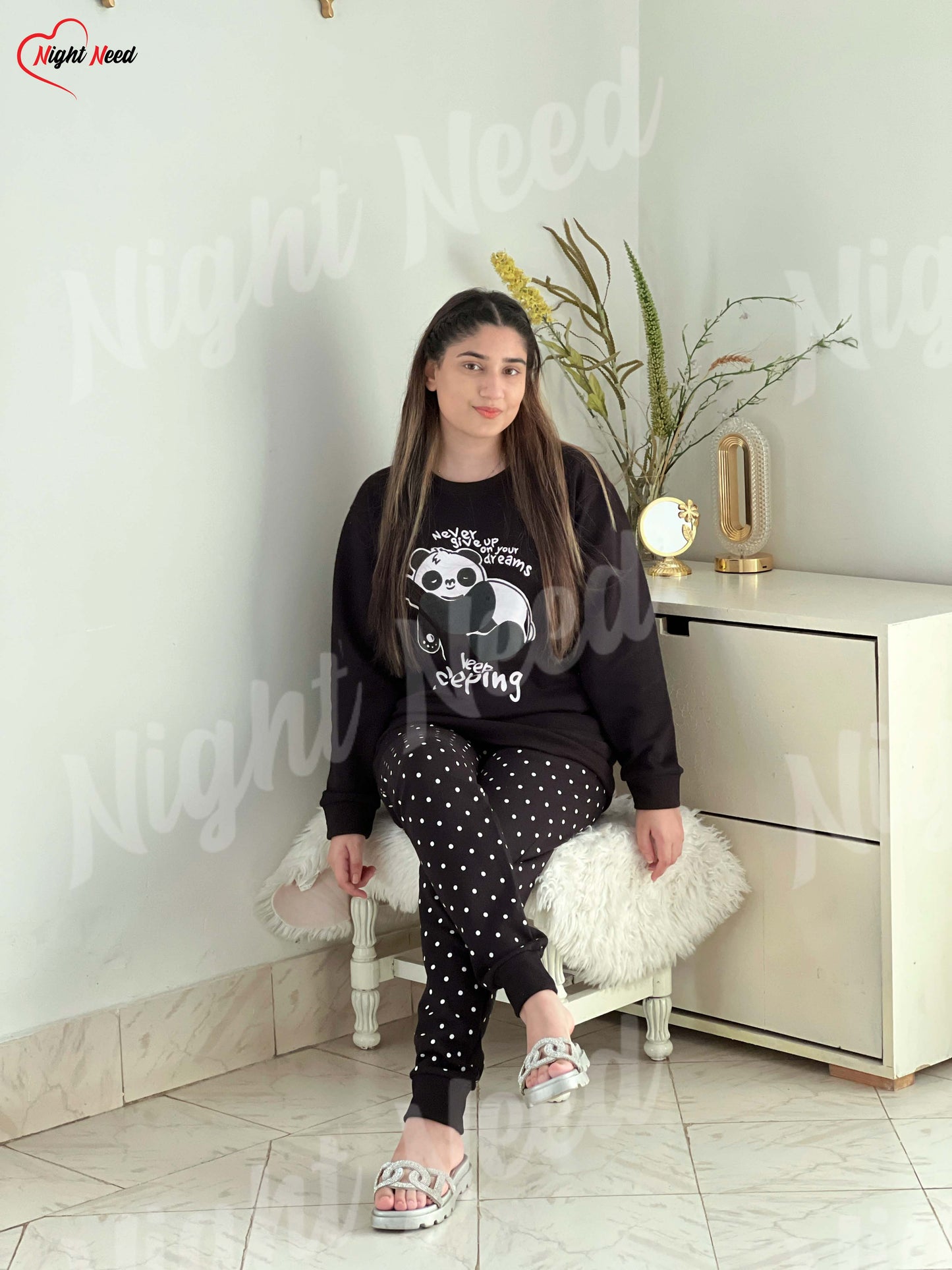 Winter Black Never Give Up Printed Night Suit