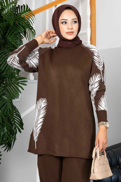 Winter Brown Feather Printed Long Sleeves Co-Ord Set