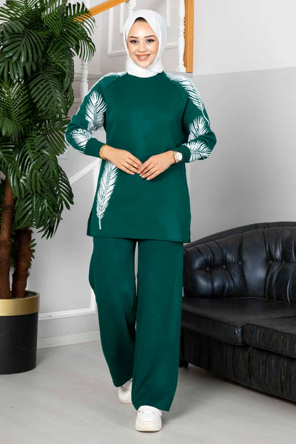 Winter Feather Printed Long Sleeves 2 PC Co-Ord Set